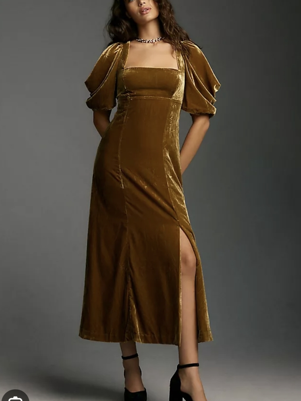 Anthropologie Velvet Square-Neck Midi Dress in Mustard